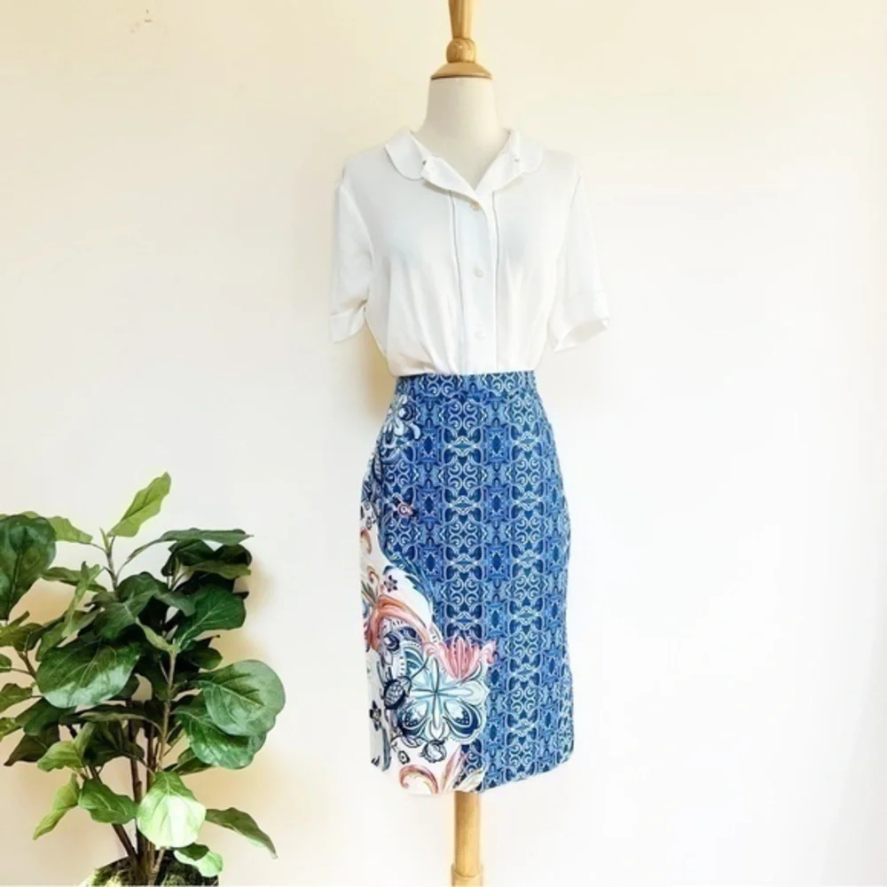 Anthropologie blue floral pencil skirt